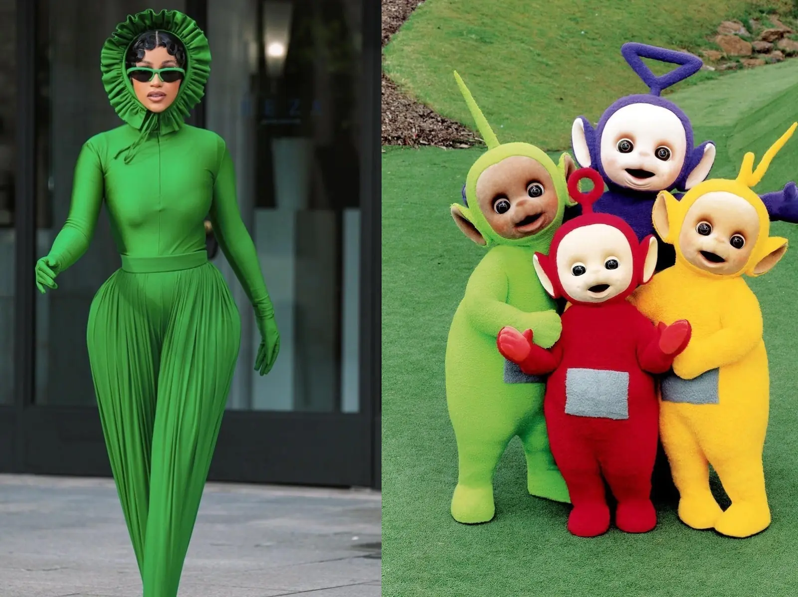 Cardi B 巴黎時裝周被指神似「天線寶寶」，一身綠緊身衣秒殺底片！網友：「我們不懂時尚？」