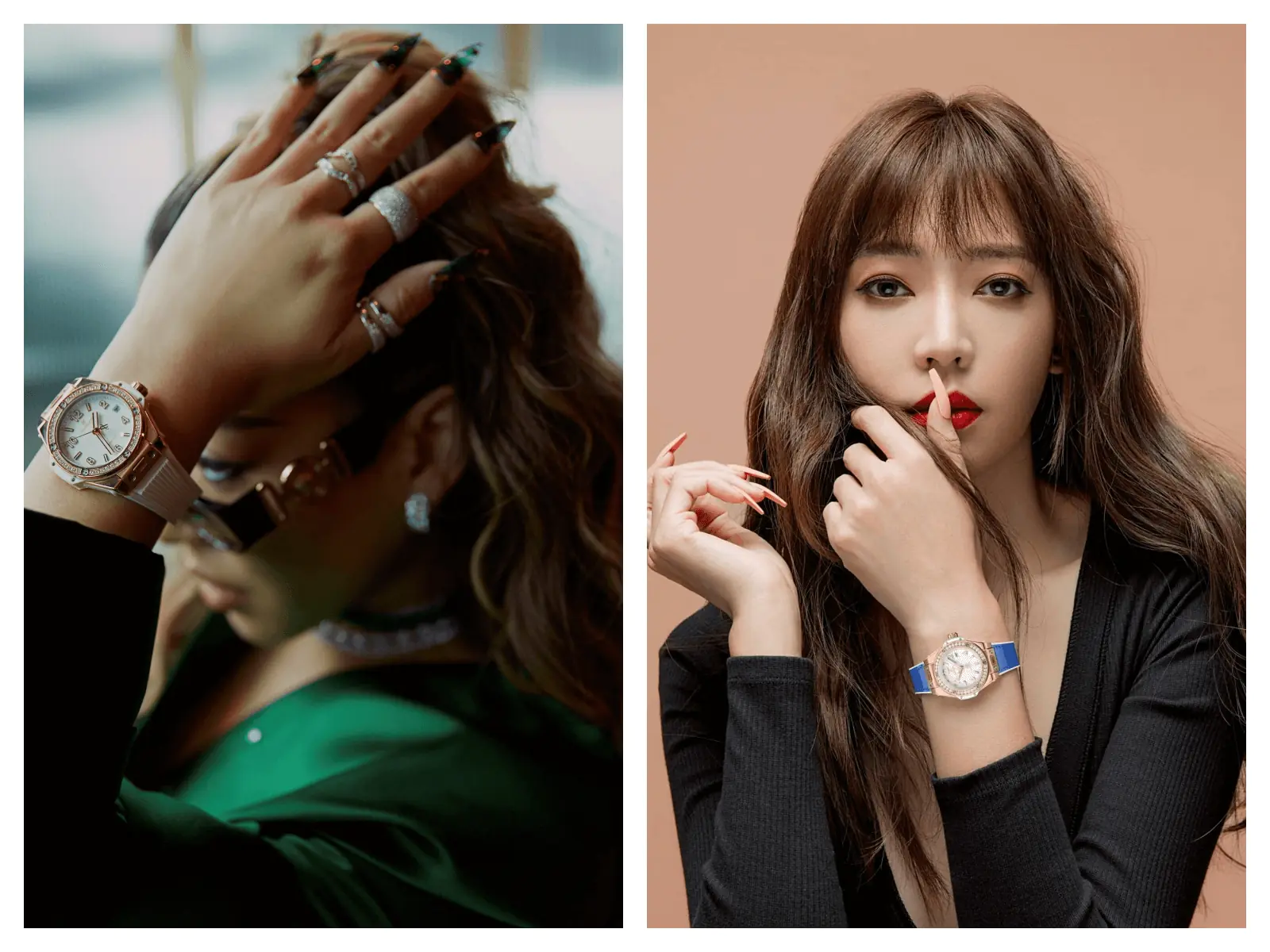 氣場女王蔡詩芸、王心恬配戴BIG BANG ONE CLICK 皇金鑽錶，展現神秘自信的魅惑優雅風格