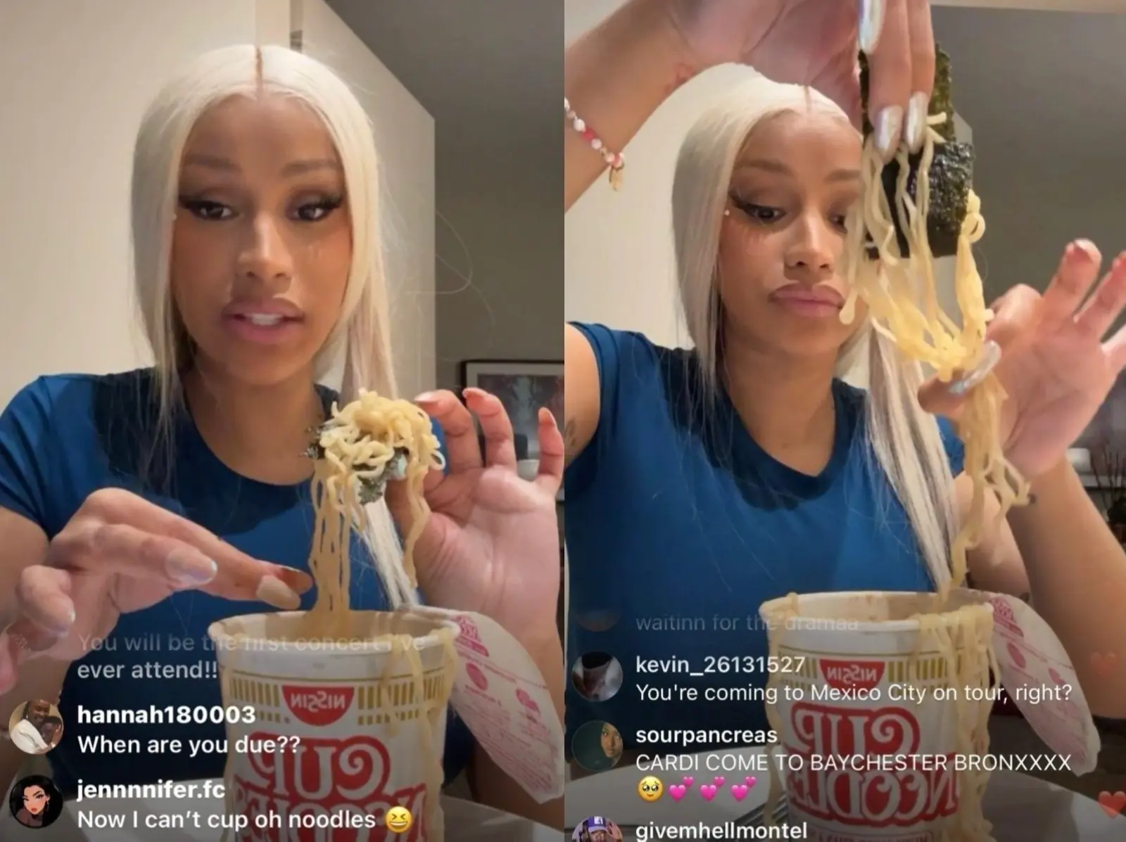 Cardi B 直播吃泡麵影片瘋傳！手指夾麵條網友驚：「有人教她用筷子嗎？」