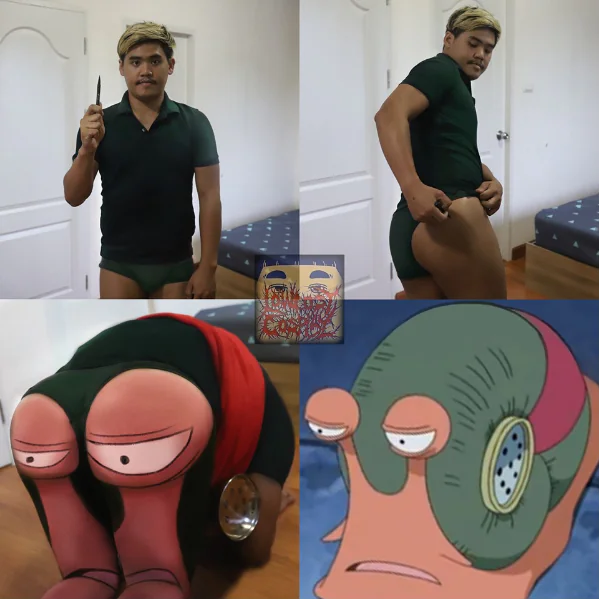 爆笑！低成本 Cosplay 海賊王「電話蟲」，泰國小哥以翹臀「神還原」動漫名角！